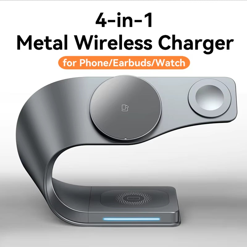 4 in 1 Metal Shell Wireless Charger for Iphone 15 14 13 12 Magnetic Fast Charging Station Stand Dock for Apple Airpods Watch