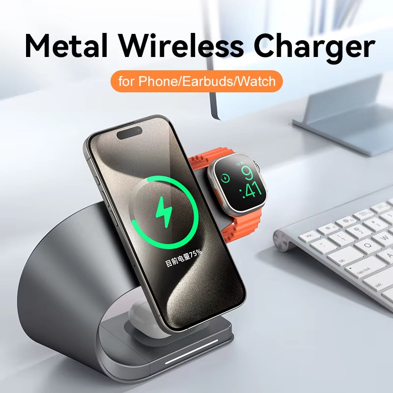 4 in 1 Metal Shell Wireless Charger for Iphone 15 14 13 12 Magnetic Fast Charging Station Stand Dock for Apple Airpods Watch