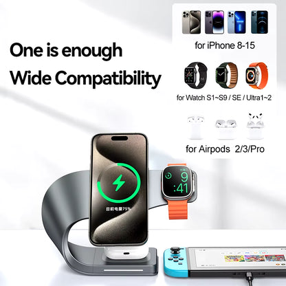 4 in 1 Metal Shell Wireless Charger for Iphone 15 14 13 12 Magnetic Fast Charging Station Stand Dock for Apple Airpods Watch